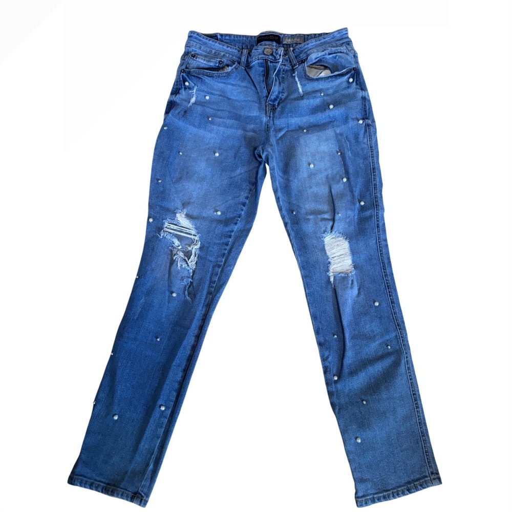 Aeropostale Girlfriend Jeans Women Embellished Distressed Pearl Rhinestone Siz 6